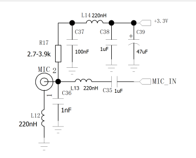 Diagrama esquemático do circuito de um estágio de entrada de microfone (MIC) com um filtro de três estágios (rede LC) projetado para suprimir ruído TDD. Diagrama esquemático do circuito de um estágio de entrada de microfone (MIC) com um filtro de três estágios (rede LC) projetado para suprimir ruído TDD.