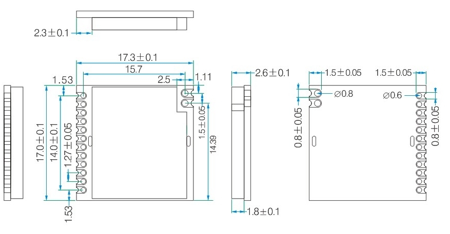 Dimensões mecânicas do módulo front-end sem fio LoRa 915MHz LoRa1276 - 915 Dimensões mecânicas do módulo front-end sem fio LoRa 915MHz LoRa1276 - 915