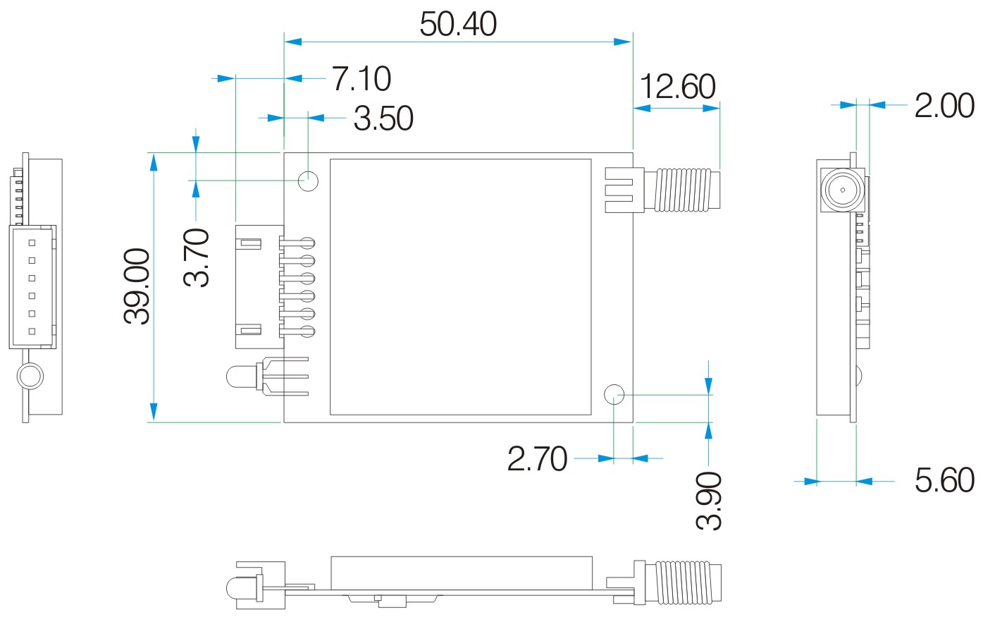 Dimensões mecânicas do módulo sem fio LoRa6100Pro