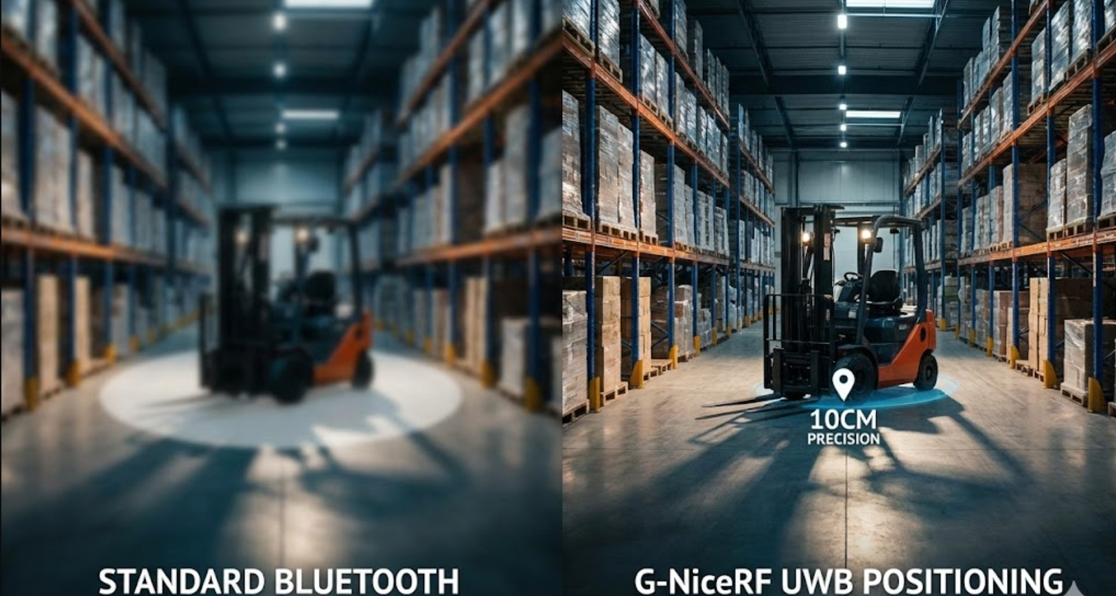 Comparação em tela dividida entre a imprecisão do Bluetooth e a precisão do rastreamento UWB do G-NiceRF. Comparação em tela dividida entre a imprecisão do Bluetooth e a precisão do rastreamento UWB do G-NiceRF.